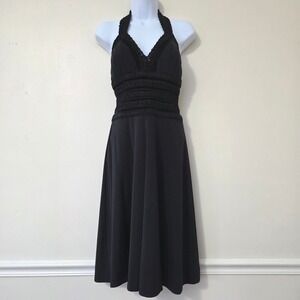 White House Black Market Halter Dress Sz 4 Black Velvet Trim Dark Romance Gothic
